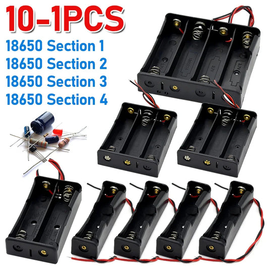 10-in-1 Plastic 18650 Battery Holder — 1/2/3/4 Slot Storage Box with Wire Lead for 3.7V 18650 Batteries