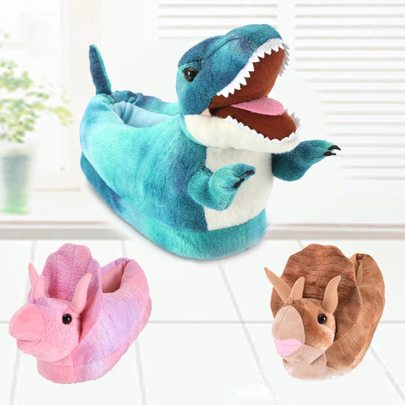 Winter Dinosaur Cotton Slippers for Women — Cartoon T-Rex Plush Velvet Home Slippers, Warm & Non-Slip Floor Shoes