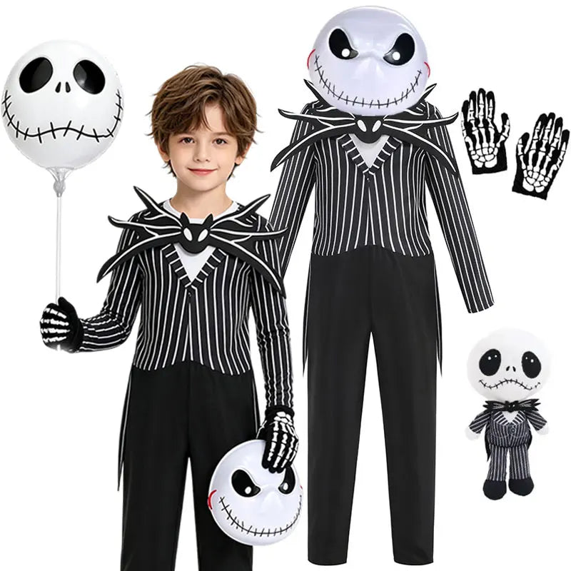 Jack Skellington Costume for Kids - Striped Halloween Cosplay Dress-Up Set