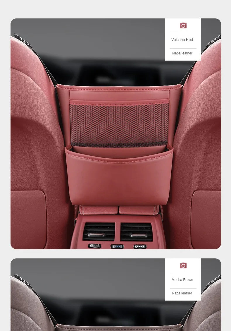Car Handbag Holder Between Seats – Multi-Functional Leather Storage Bag with Tissue Box, Phone, Cup & Map Organizer