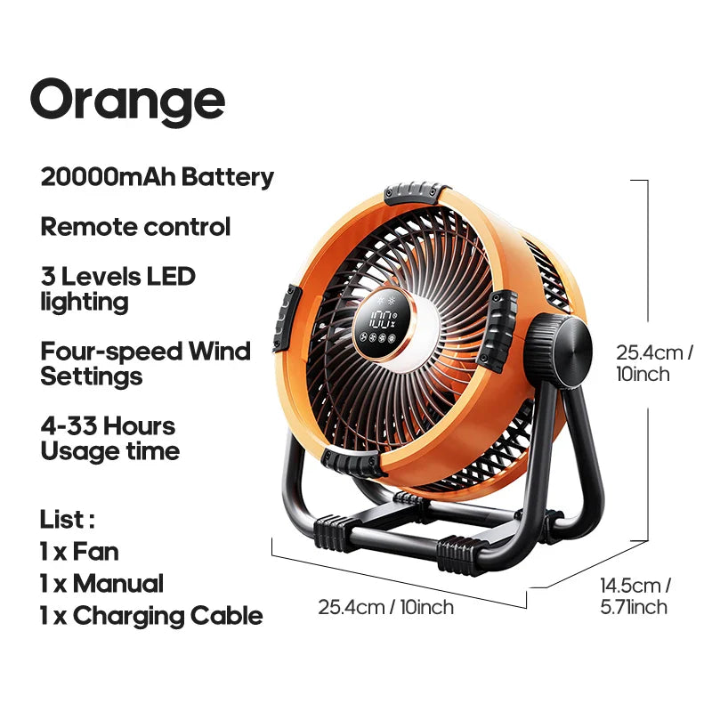 KINSCOTER 6-in-1 Portable Camping Fan — 20000mAh Rechargeable Outdoor Fan with 4 Speeds, Hook & LED Light