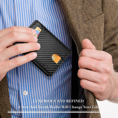 Men's Ultra-Thin RFID Leather Wallet – Carbon Fiber Design with ID Window & Multi Card Slots