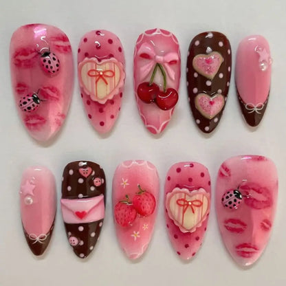 24PCS Strawberry Bow Press On Nails - Red Short Almond Pearl Starlight Floral False Nail Art Tips