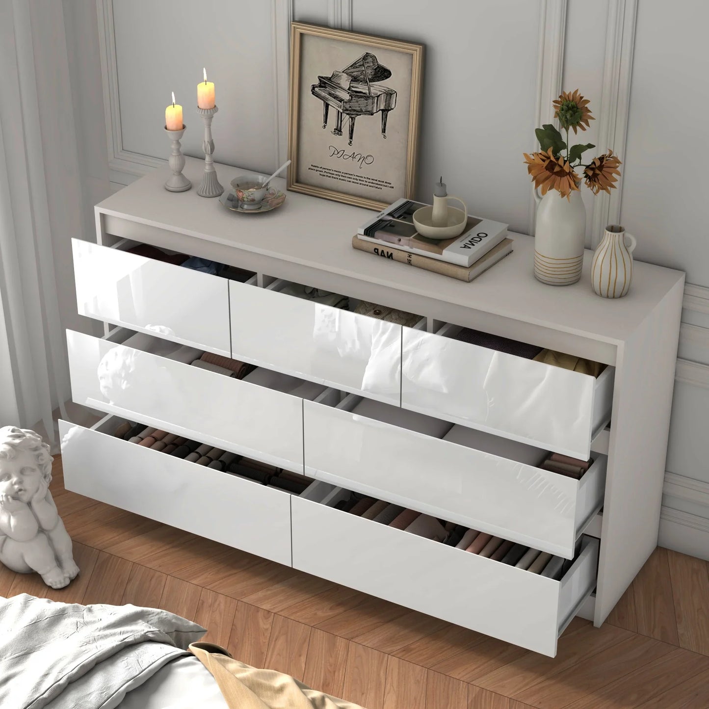 55-Inch Modern 7-Drawer Dresser – High Gloss White/Black Wooden Chest for Bedroom Storage