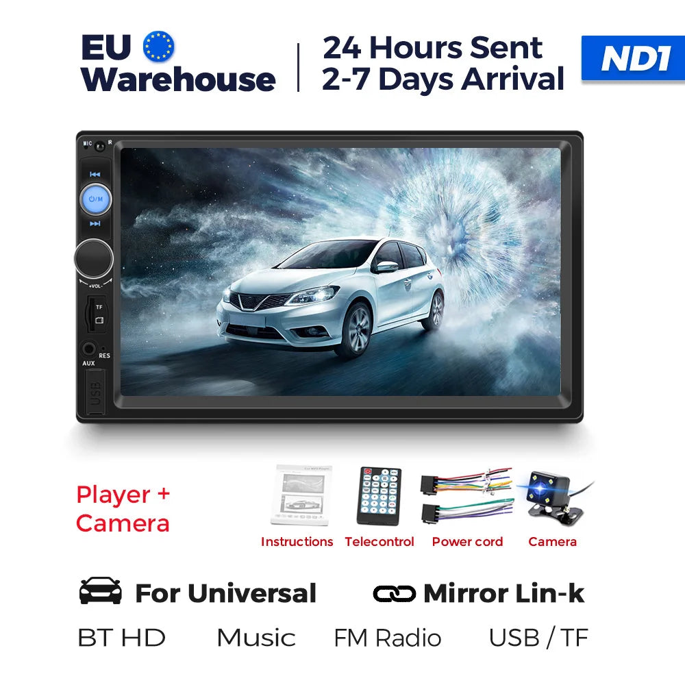 Navifly ND1 2-Din Car Radio — 7" HD Touchscreen Multimedia Player, Universal MP5 Stereo with Bluetooth, TF, FM & Camera Support