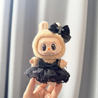 17cm Mini Plush Doll Clothes — Kpop Labubu Idol Outfit with Pink Silk Bow & Princess Gauze Skirt Accessories