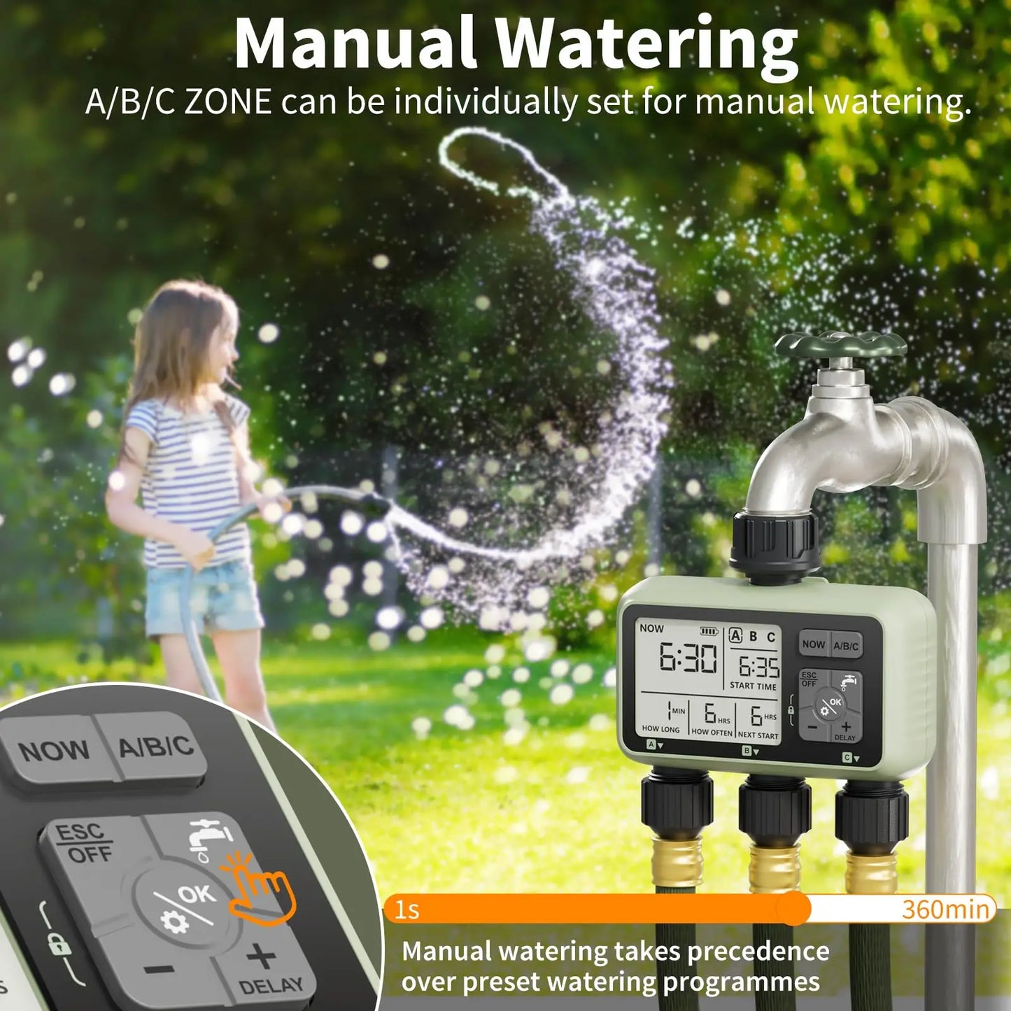 Diivoo 3-Zone Garden Water Timer – Programmable Automatic Irrigation System with Rain Delay & Manual/Auto Modes for Lawn & Yard