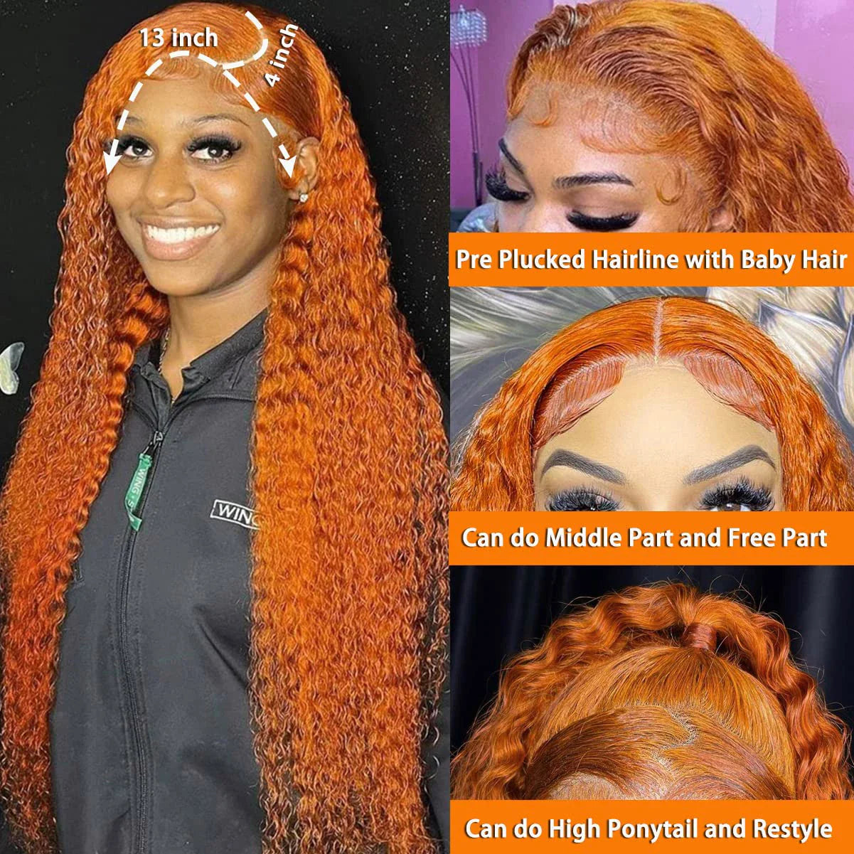 Wiggogo Orange Ginger Lace Front Wig – 30 Inch Curly Deep Wave Human Hair, 13x4/13x6 HD Lace Frontal Wig