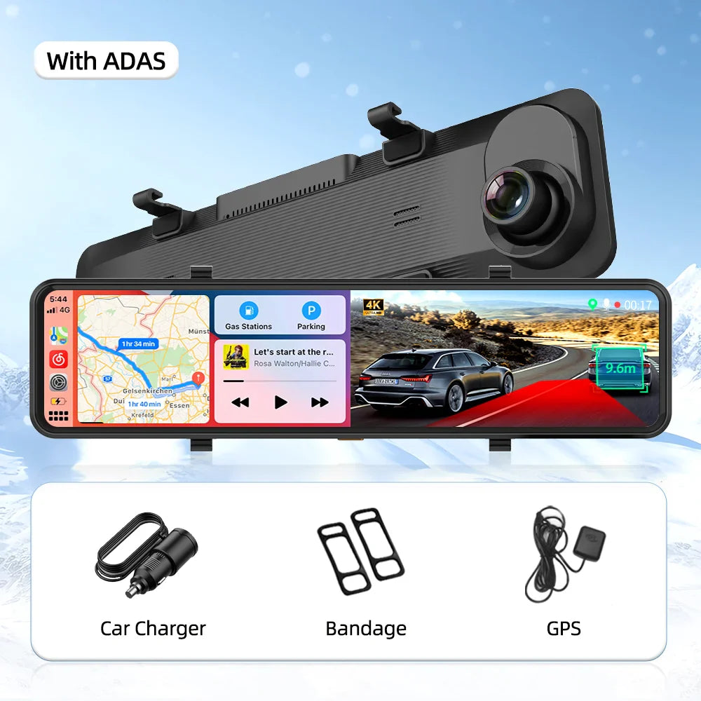 Imagebon 12" 4K Car Mirror – Wireless CarPlay, Android Auto, ADAS, Rearview Camera, GPS, FM, Night Vision Video Recorder