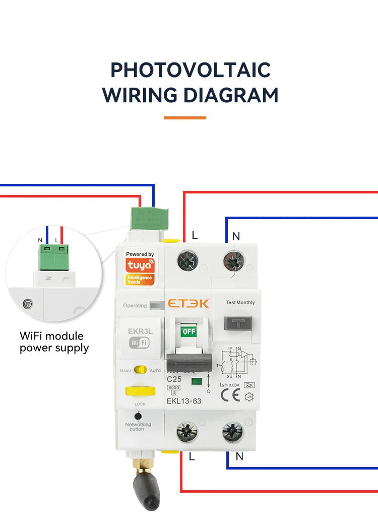 ETEK Tuya WiFi Smart Circuit Breaker RCBO – Remote Control, Short Circuit Protection, Timer, 2P 16A-63A, Smart Life App (EKR3L)