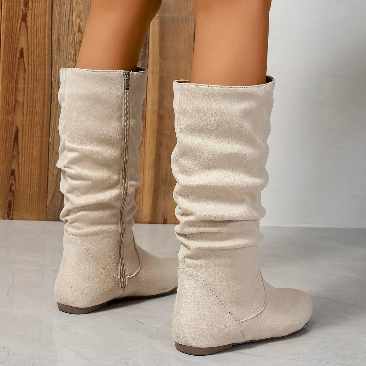 Pleated PU Women’s Fashion Boots – Casual Side-Zip Round Toe Flat High Solid Color Boots