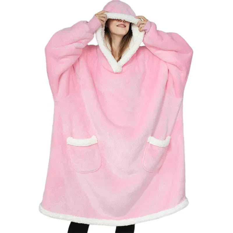 2024 Oversized Flannel Blanket Hoodie – Super Long Fleece Pullover with Sleeves for Winter