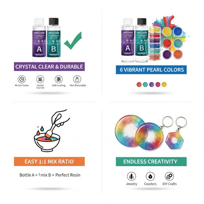 Crystal Clear Epoxy Resin Kit - AB Resin Glue with 6 Color Mica Powder for DIY Jewelry, Nail Art, Soap & Crafts