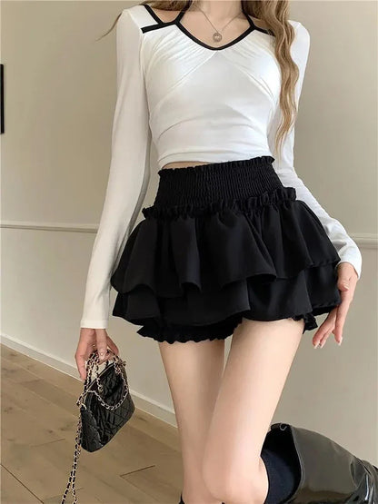 Women’s Cute Sexy Mini Skirt — Balletcore Elastic High Waist Ruffle Patchwork Lolita Skirt, Short Korean Sweet Y2K Fashion