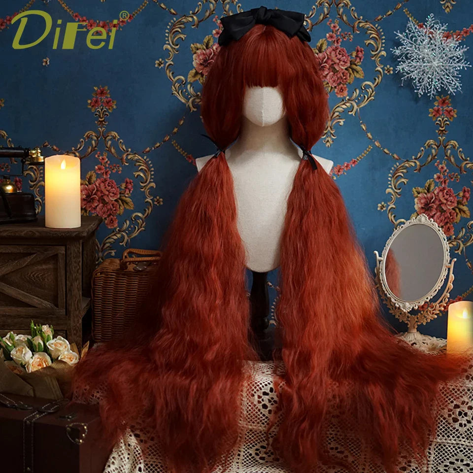 120cm Long Wavy Synthetic Wig - Female Red Brown Lolita Style with Bangs, Natural Hair Look, Heat Resistant Fiber