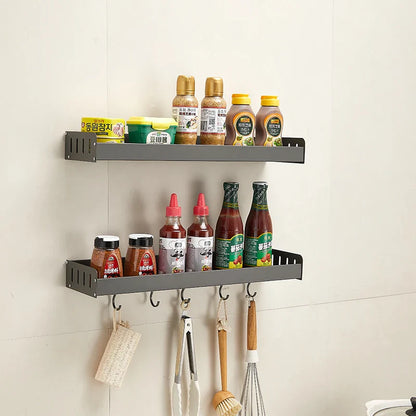 Wall-Mounted Kitchen Spice Rack Organizer with Hanging Hooks – Kitchen Storage Shelf for Condiments