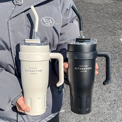 Large Capacity 38.55oz Stainless Steel Water Cup — Car & Office Insulated Straw Tumbler