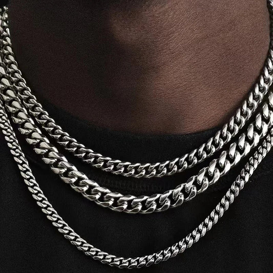 Basic Punk Cuban Chain Necklace – 3mm/5mm/7mm Stainless Steel Curb Link Choker for Men & Women, Black & Gold Colors