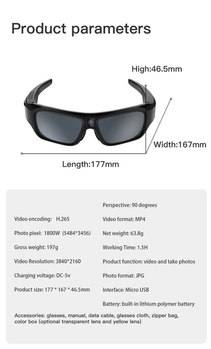 4K HD Smart Glasses Camera — Eyewear Camcorder for Driving, Cycling & Outdoor Video Recording