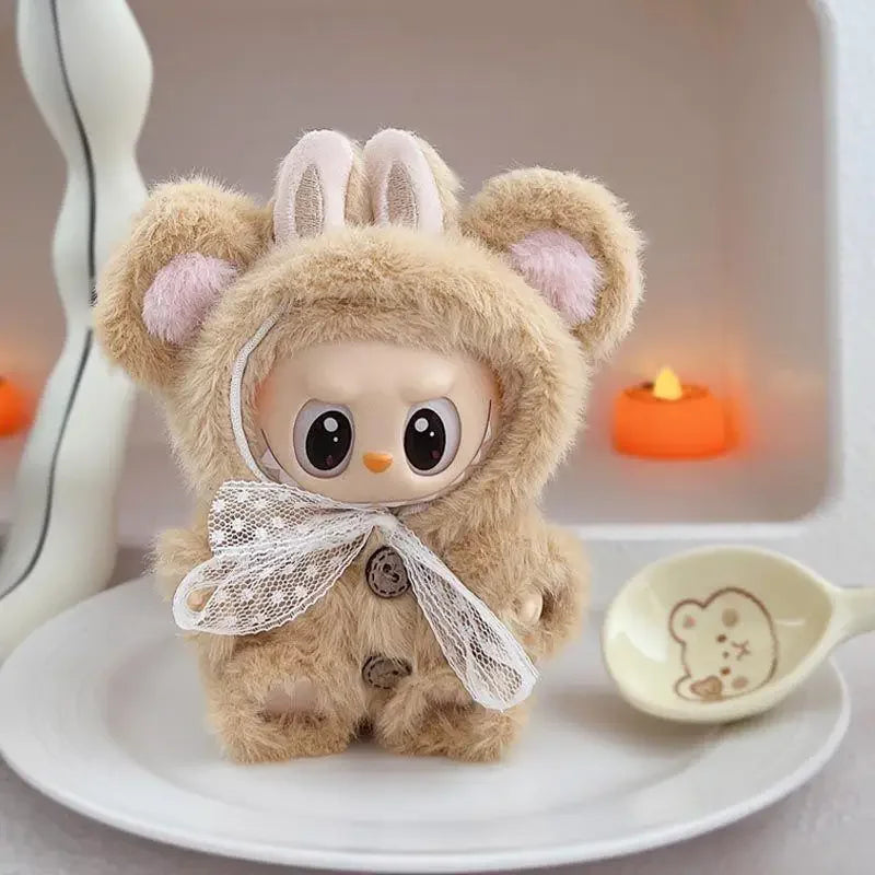 17cm Mini Plush Doll Clothes – Outfit Accessories for Kpop EXO Labubu Idol V1/V2, Cartoon Bear Hat & Bow Clothing Gift