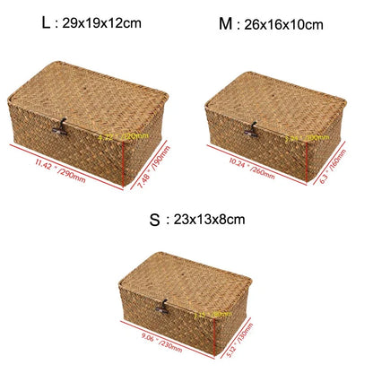 Handmade Seagrass Woven Storage Box with Lid - Seaweed Finishing Basket for Sundries, Bath Cosmetics, and Towels, Model MX01161829