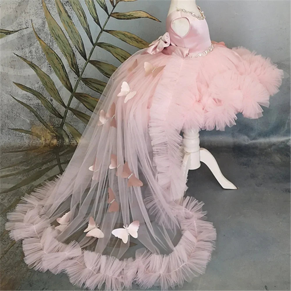 Pink Flower Girl Dress with Train - Puffy Bow Birthday and First Communion Dress