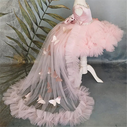 Pink Flower Girl Dress with Train - Puffy Bow Birthday and First Communion Dress