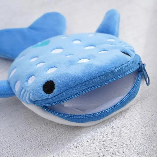 Cute Blue Shark Mini Coin Purse – Plush Zipper Wallet for Women, Key & Earphone Pouch