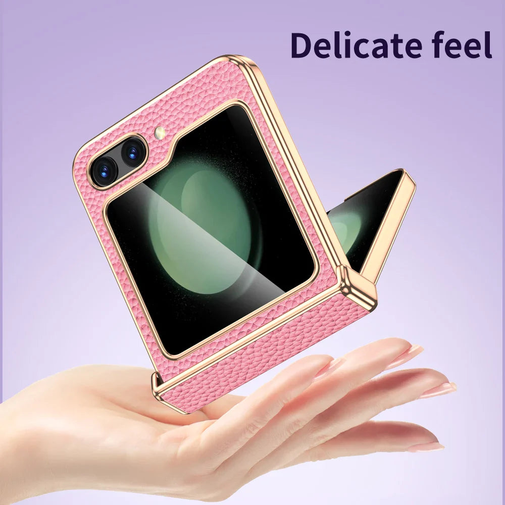 Cowhide Leather Samsung Galaxy Z Flip Case — Luxury Hinge Protection Cover with Tempered Glass for Flip 5/6/7