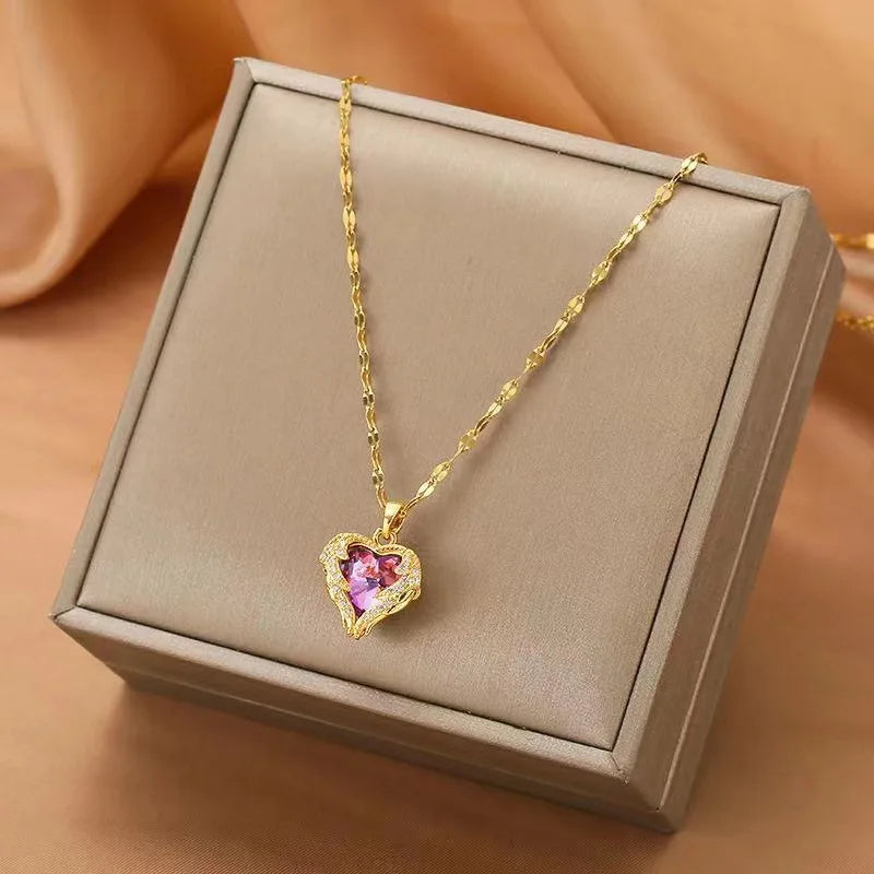 Top Luxury Colorful Crystal Ocean Heart Pendant Necklace – Trendy 316L Stainless Steel Jewelry for Women, Wedding Neck Chain