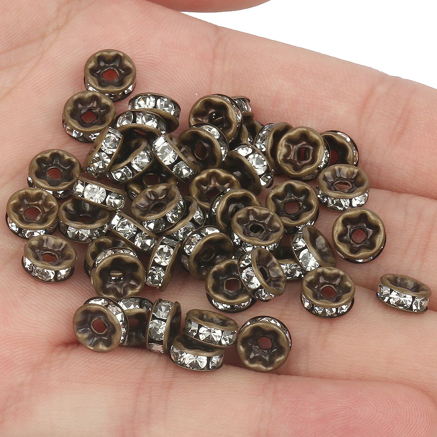 50PCS Rhinestone Spacer Beads Set – Multi-Color Crystal Rondelle Metal Beads for DIY Jewelry & Bracelet Making