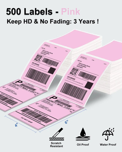 Phomemo 4x6 Thermal Shipping Labels – 500PCS Purple Fanfold Direct Thermal Labels, BPA-Free for Mailing Printer