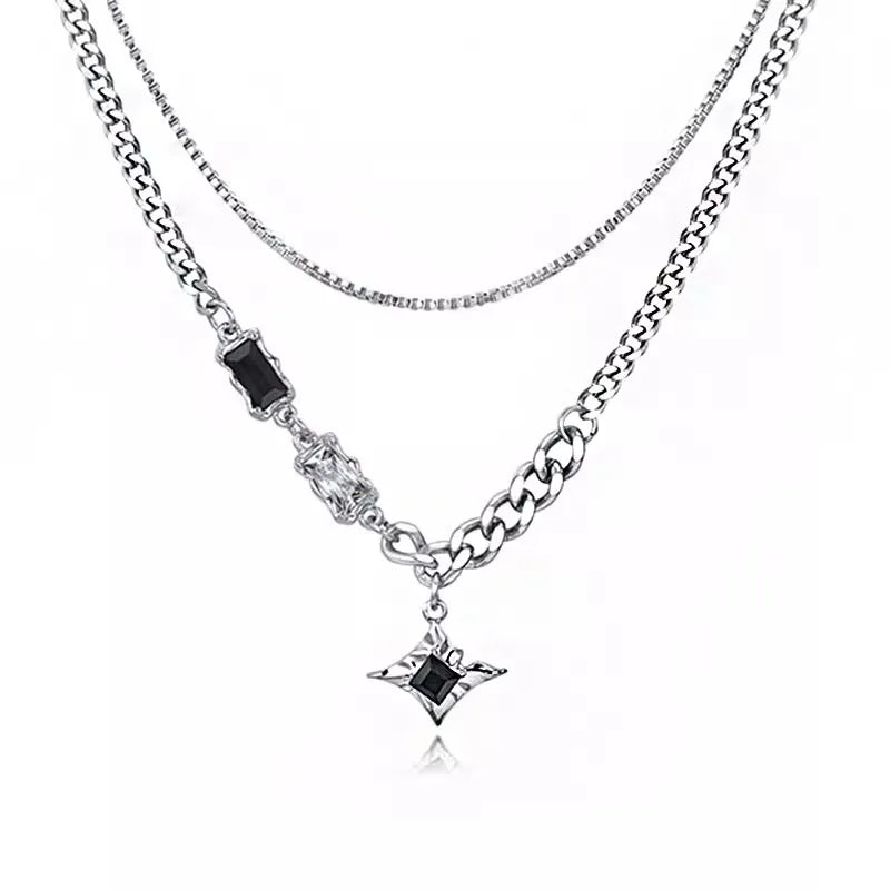 Hip Hop Zircon Star Double Layer Necklace - Titanium Steel Pendant Chain for Men & Women, Unisex Trendy Jewelry