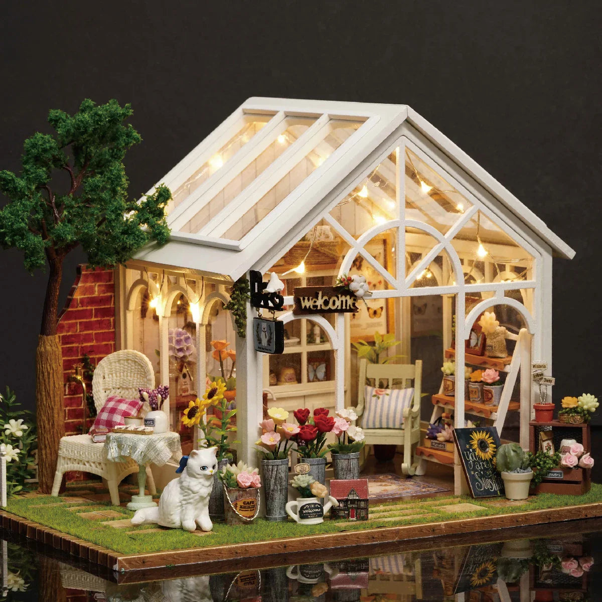 DIY Wooden Sunshine Greenhouse Cottage – Miniature Dollhouse Kit with Furniture for Friends' Gifts