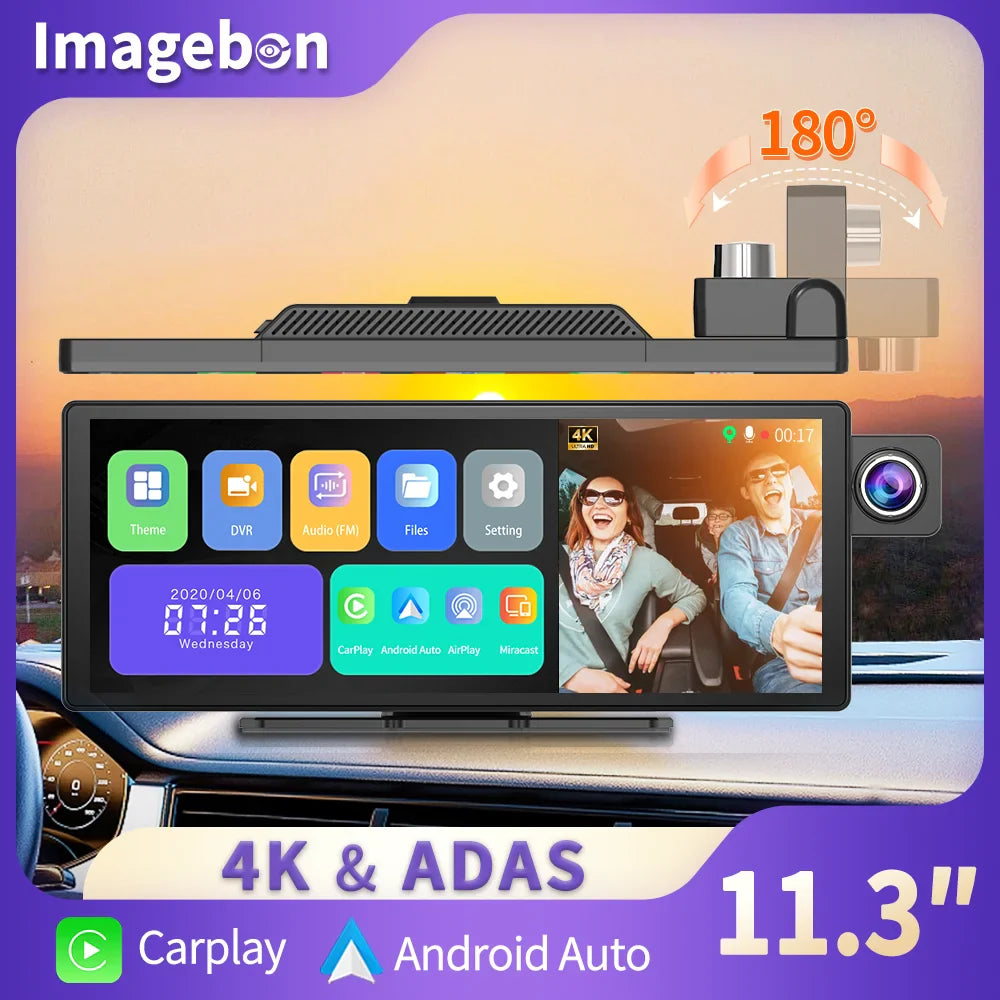 11.3" Imagebon H50 Dash Cam 4K - ADAS, Wireless CarPlay & Android Auto, 3-Channel Recording, Time Lapse & 24H Park Monitor