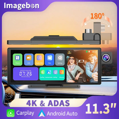 11.3" Imagebon H50 Dash Cam 4K - ADAS, Wireless CarPlay & Android Auto, 3-Channel Recording, Time Lapse & 24H Park Monitor