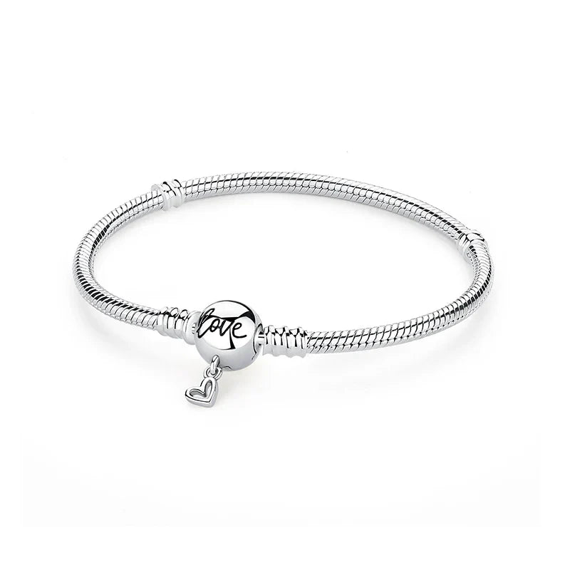 925 Sterling Silver Love Heart Charm Bracelet – Rose Gold Snake Chain Bangle for Women | DIY Luxury Bead Jewelry Accessories
