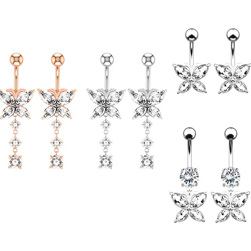 Stainless Steel CZ Belly Button Piercing – Heart & Butterfly Navel Barbell Jewelry for Women Sexy Navel Ring