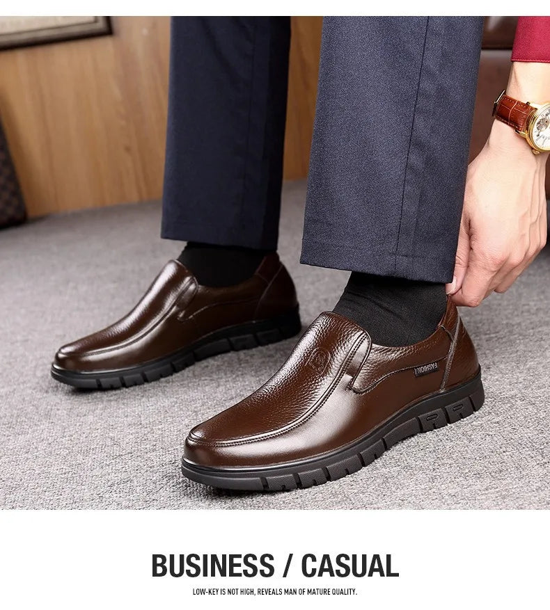 Genuine Leather Casual Shoes for Men – Flat Platform Walking Loafers, Breathable Handmade Outdoor Sneakers