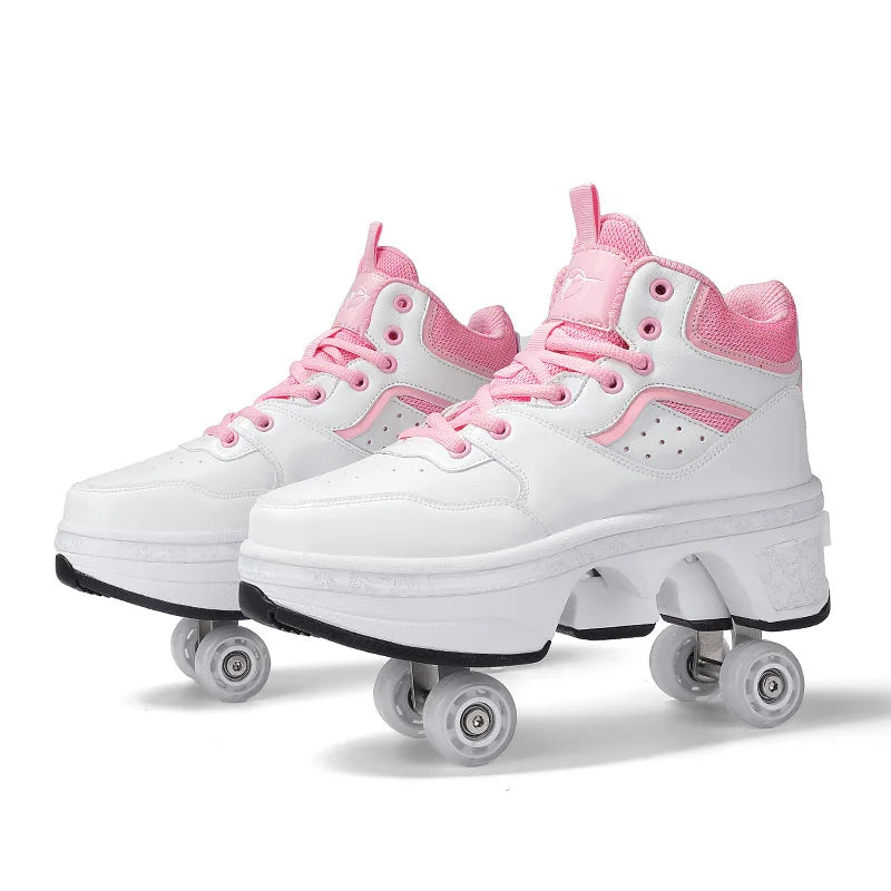 Dual Purpose Roller Skates Shoes - Adjustable Double Row 4-Wheel Deformation Roller Sneakers for Kids & Teens Size 33-44