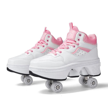 Dual Purpose Roller Skates Shoes - Adjustable Double Row 4-Wheel Deformation Roller Sneakers for Kids & Teens Size 33-44