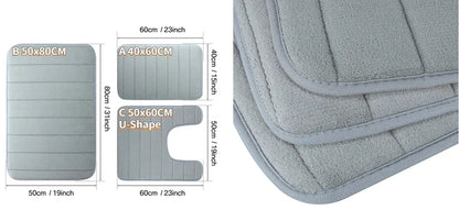 Non-Slip Grey Memory Foam Bath Mat Set – Soft, Water Absorbent, Quick-Drying, Machine Washable Bathroom Rugs for Home Floor