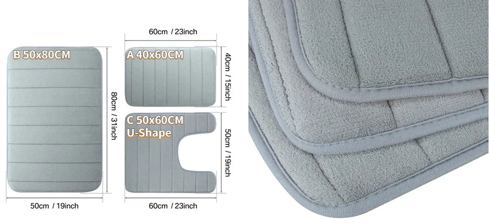 3PC Set Non-Slip Memory Foam Bath Mats - Soft, Water Absorbent, Quick-Dry, Machine Washable Floor Rugs