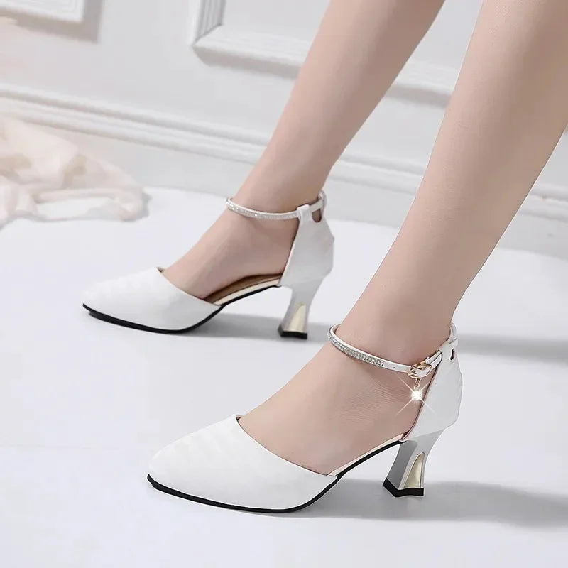 Women’s Elegant White Pearl Buckle Pumps — Square Heel Office & Leisure Shoes