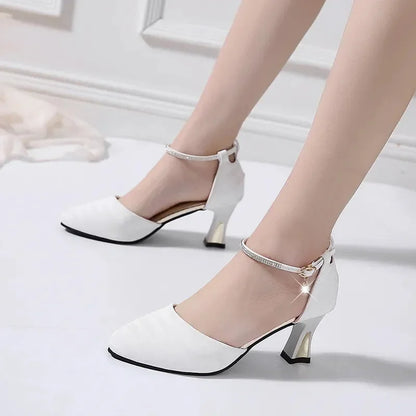 Women’s Elegant White Pearl Buckle Pumps — Square Heel Office & Leisure Shoes