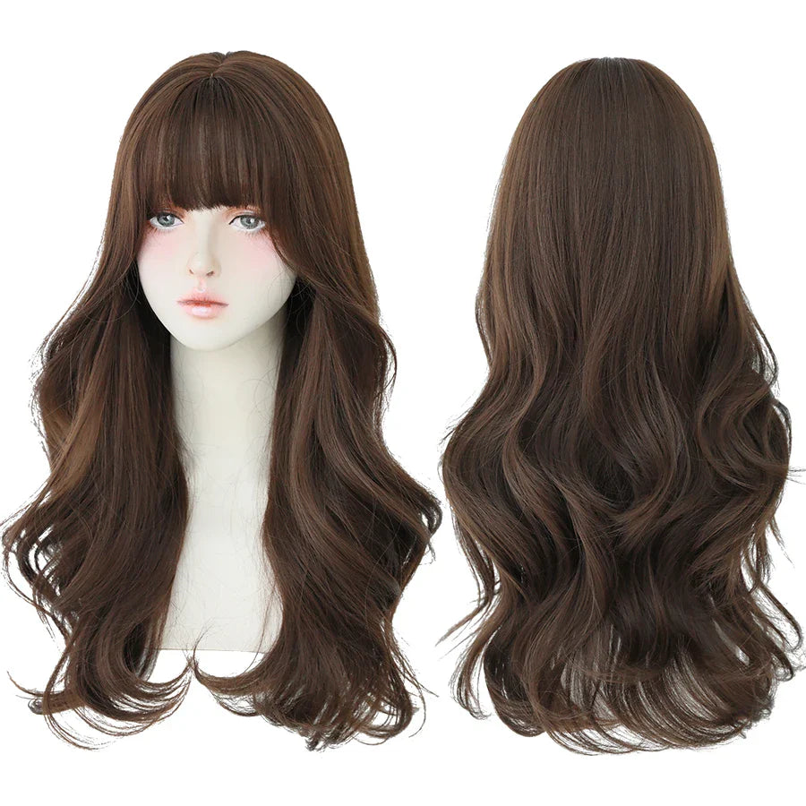 7JHH Brown Ash Long Deep Wave Lolita Wig for Women — Synthetic Hair with Bangs, Thick Curly Fashion Wig