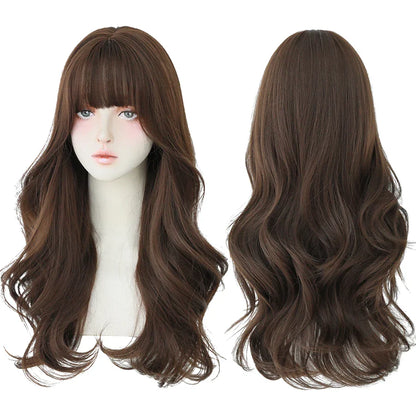 7JHH Brown Ash Long Deep Wave Lolita Wig for Women — Synthetic Hair with Bangs, Thick Curly Fashion Wig