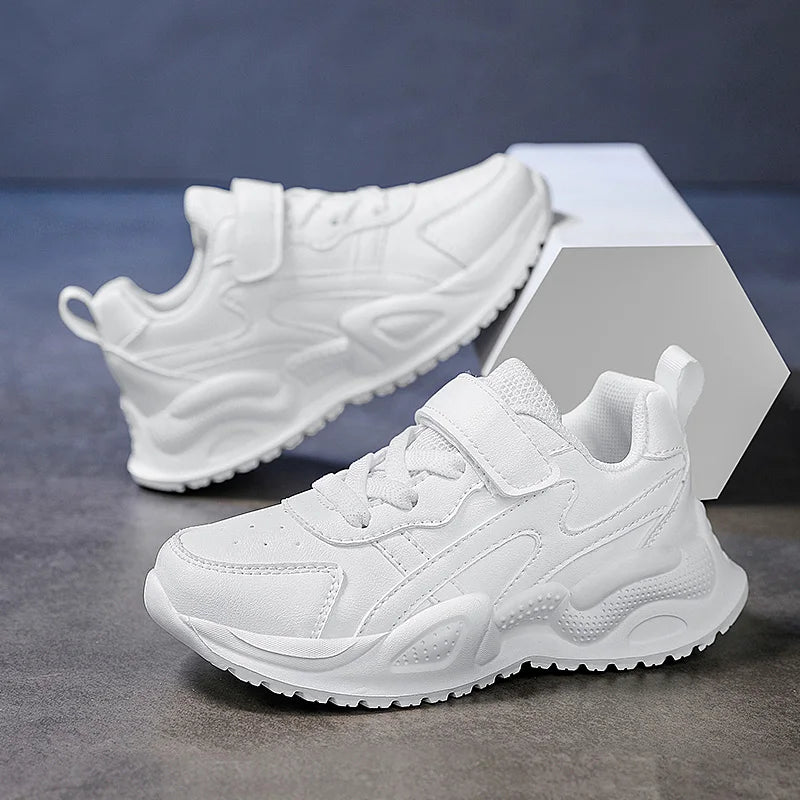 White Kids Leather Casual Shoes — Boys & Girls Outdoor Running Sneakers, Breathable Mesh, Non-Slip School Walking Sport Shoes