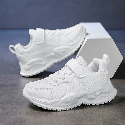 White Kids Leather Casual Shoes — Boys & Girls Outdoor Running Sneakers, Breathable Mesh, Non-Slip School Walking Sport Shoes