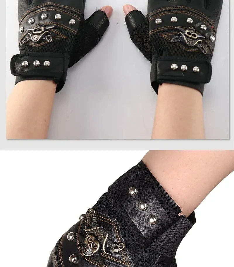 Pirate Skull PU Leather Fingerless Gloves for Men & Women – Hip Hop, Gym, Moto Half-Finger Mitts with Rivets